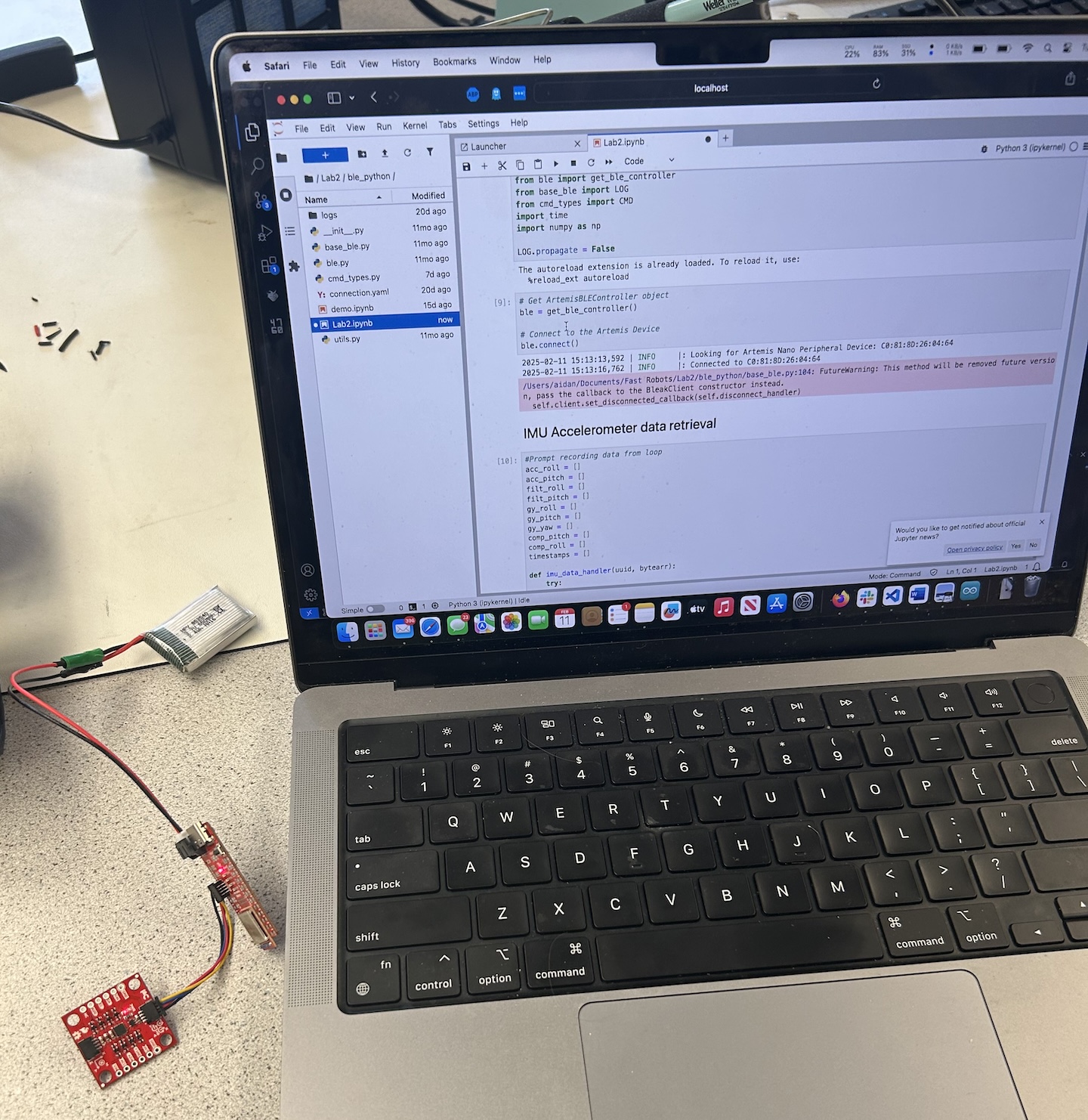 Battery powering Artemis Nano and IMU